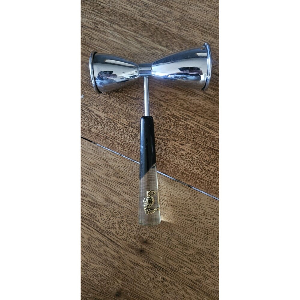 VTG. Metal Double Jigger with Lucite Long Handle   Clear Black  Ocean Theam